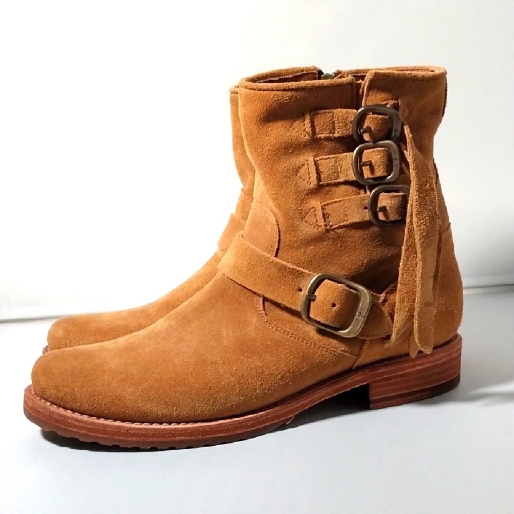 WOMEN'S FRYE TAN SUEDE ANKLE BOOTS BUCKLE ZIPPER SIZE 10